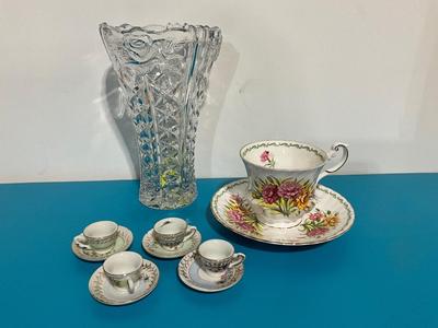 Princess House American Rose Vase, tea cup/saucer by Queens, and mini tea set by Empress