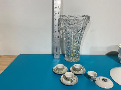 Princess House American Rose Vase, tea cup/saucer by Queens, and mini tea set by Empress