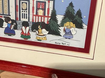 Signed Print by Marilyn Mark 89, with Snowman Wood Decor