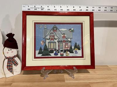 Signed Print by Marilyn Mark 89, with Snowman Wood Decor