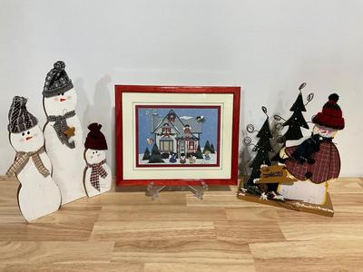 Signed Print by Marilyn Mark 89, with Snowman Wood Decor