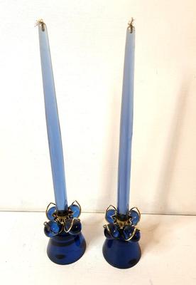 Lot #159 Set of 2 MCM Blue Lucite Candles with matching Holders - Great condition