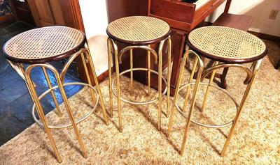 Lot #162 Lot of 3 1970's Bar stools - Woven Seat