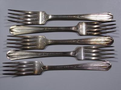 5 Cathedral Silver Plate dinner forks.