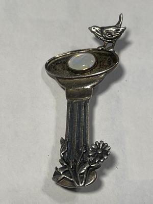 Vintage Scarce Sterling Silver Bird Bath Pin 2" Tall with Opalescence Stone in Good Preowned Condition.