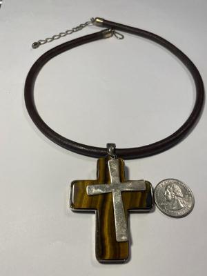 Jay King DTR 925 Sterling Silver Tiger's Eye Huge Cross Pendant, 2.75" Tall on a Leather Cord 16-18" Adjustable in VG...