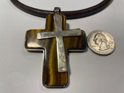 Jay King DTR 925 Sterling Silver Tiger's Eye Huge Cross Pendant, 2.75" Tall on a Leather Cord 16-18" Adjustable in VG...