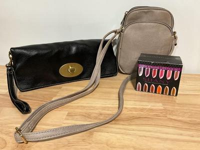 Crossbody purse, clutch, lipstick