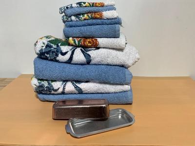 1950’s West Bend Butter Dish, and Kitchen towels/wash cloths
