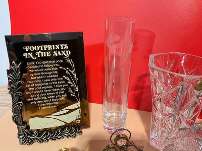 Cristal France Vase, Orrefors Sweden Candle Holder, Footprints Saying