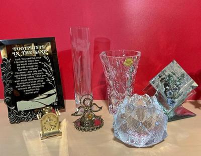 Cristal France Vase, Orrefors Sweden Candle Holder, Footprints Saying