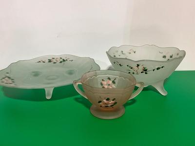 Rare Anchor Hocking 1930’s Mayfair Pink Frosted Sugar Dish, Rare Lancaster Hand Painted Satin Glass Dish and bowl.