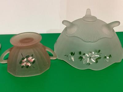 Rare Anchor Hocking 1930’s Mayfair Pink Frosted Sugar Dish, Rare Lancaster Hand Painted Satin Glass Dish and bowl.
