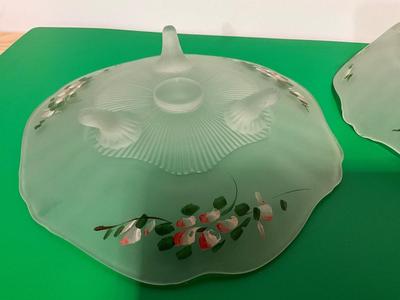Rare Anchor Hocking 1930’s Mayfair Pink Frosted Sugar Dish, Rare Lancaster Hand Painted Satin Glass Dish and bowl.