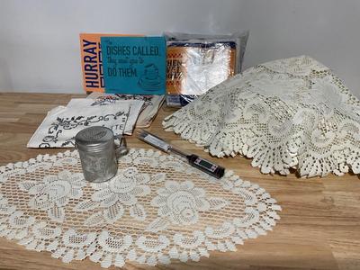 Dish towels, vintage sugar shaker, Dollies, Digital Thermometer