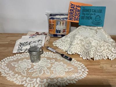 Dish towels, vintage sugar shaker, Dollies, Digital Thermometer