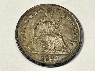 1857 VERY FINE CONDITION SEATED LIBERTY HALF DIME AS PICTURED. FREE DOMESTIC SHIPPING.