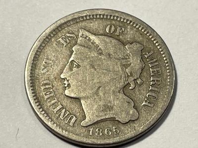 1865 GOOD CONDITION THREE CENT NICKEL TYPE COIN AS PICTURED. FREE DOMESTIC SHIPPING.