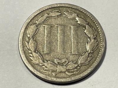1865 GOOD CONDITION THREE CENT NICKEL TYPE COIN AS PICTURED. FREE DOMESTIC SHIPPING.