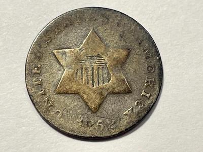 1852 AG CONDITION SLIGHTLY BENT THREE CENT SILVER TYPE COIN AS PICTURED. FREE SHIPPING.