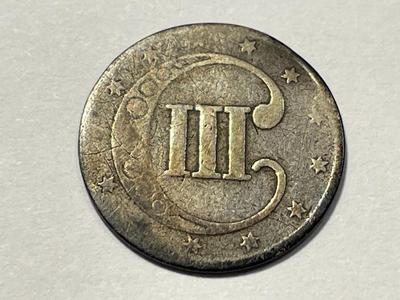 1852 AG CONDITION SLIGHTLY BENT THREE CENT SILVER TYPE COIN AS PICTURED. FREE SHIPPING.