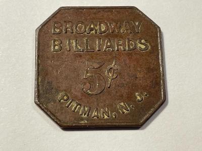 Scarce Broadway Billiards Pitman, NJ Good For 5c Token Octagon Shaped in Good Condition.