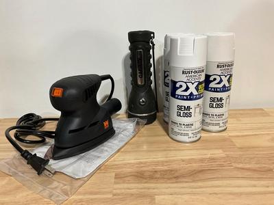 NEW Detailing Palm Sander, New 3 Cans of white Paint, used Flashlight