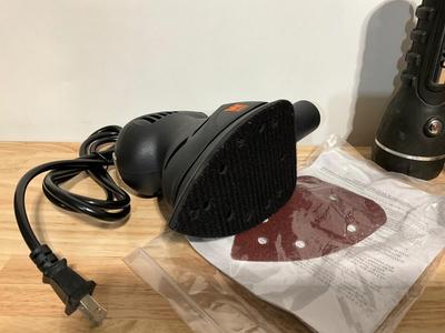 NEW Detailing Palm Sander, New 3 Cans of white Paint, used Flashlight