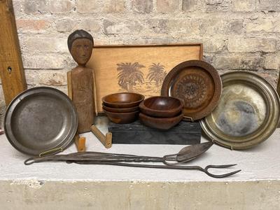 Sale Photo Thumbnail #133: Very Old Wooden Doll - MCM bowls, plate and tray. The forged utensils...think bonfire. The metal plates are old..and not the standard Army issue I usually see. NEAT