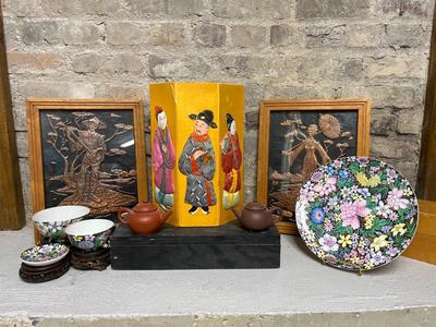 Sale Photo Thumbnail #143: Chinoiserie cups/bowls/plate, a few pedestals and vintage fold up wastebasket a couple awesome red clay mini teapots (souvenir) and a pair of reverse copper plate framed - one has broken glass - oh and a recipe box!