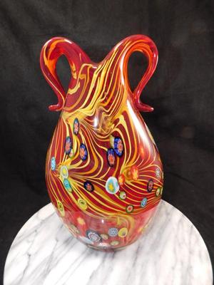 Murano Millefiori Pulled Feather 11" Double Handle Vase
