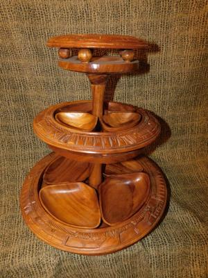 Mid 20th Century Monkey Pod 3 Tier Appetizer/Condiment Centerpiece