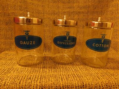Lot of 3 Vintage Glass Apothecary Jars - Cotton, Gauze, + Tongue Depressors