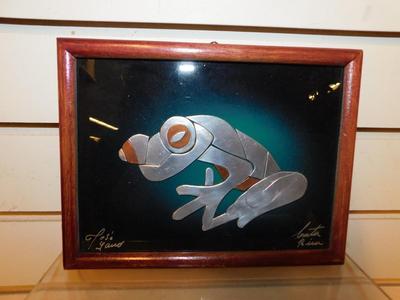 Small Costa Rican Framed & Matted Metal Frog Signed by Artist 8.75”x6.75”