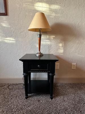 1 DRAWER, 2 TIER NIGHT STAND AND A TABLE LAMP