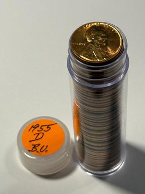 1955-D CHOICE BU RED LINCOLN CENT ROLL OF 50 COINS (ROLL #1). FREE DOMESTIC SHIPPING.