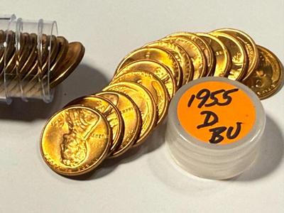 1955-D CHOICE BU RED LINCOLN CENT ROLL OF 50 COINS (ROLL #2). FREE DOMESTIC SHIPPING.