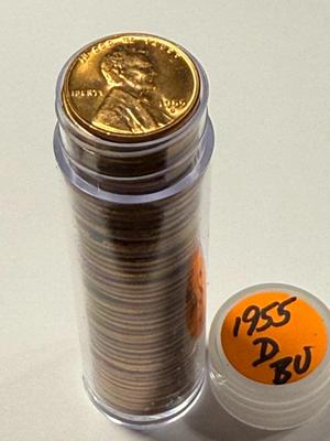 1955-D CHOICE BU RED LINCOLN CENT ROLL OF 50 COINS (ROLL #2). FREE DOMESTIC SHIPPING.