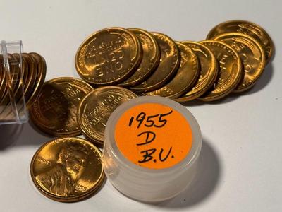 1955-D CHOICE BU RED LINCOLN CENT ROLL OF 50 COINS (ROLL #3). FREE DOMESTIC SHIPPING.