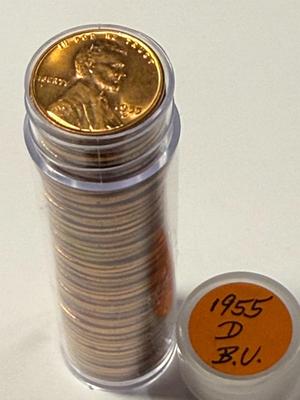 1955-D CHOICE BU RED LINCOLN CENT ROLL OF 50 COINS (ROLL #3). FREE DOMESTIC SHIPPING.