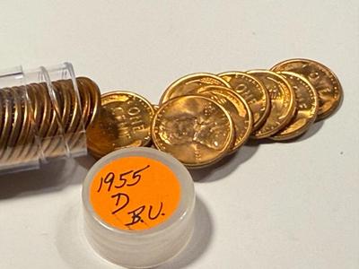 1955-D CHOICE BU RED LINCOLN CENT ROLL OF 50 COINS (ROLL #4). FREE DOMESTIC SHIPPING.