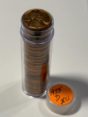 1955-D CHOICE BU RED LINCOLN CENT ROLL OF 50 COINS (ROLL #4). FREE DOMESTIC SHIPPING.