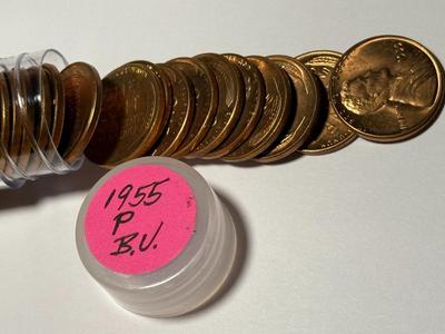 1955-P CHOICE BU RED LINCOLN CENT ROLL OF 50 COINS (ROLL #5). FREE DOMESTIC SHIPPING.