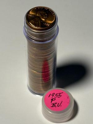 1955-P CHOICE BU RED LINCOLN CENT ROLL OF 50 COINS (ROLL #5). FREE DOMESTIC SHIPPING.