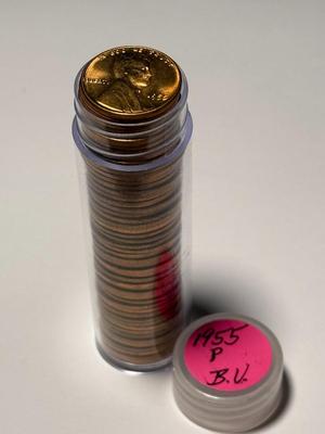 1955-P CHOICE BU RED LINCOLN CENT ROLL OF 50 COINS (ROLL #6). FREE DOMESTIC SHIPPING.