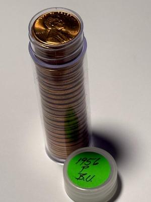 1956-P CHOICE BU RED LINCOLN CENT ROLL OF 50 COINS (ROLL #7). FREE DOMESTIC SHIPPING.