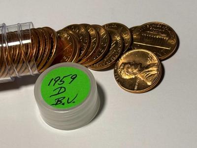 1959-D CHOICE BU RED LINCOLN CENT ROLL OF 50 COINS (ROLL #9). FREE DOMESTIC SHIPPING.