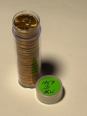 1959-D CHOICE BU RED LINCOLN CENT ROLL OF 50 COINS (ROLL #9). FREE DOMESTIC SHIPPING.
