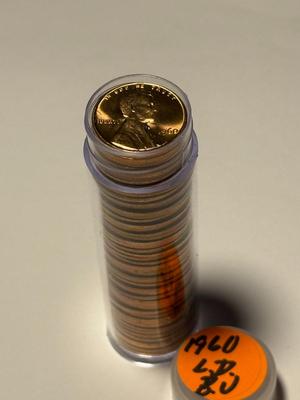 1960-P LARGE DATE CHOICE BU RED LINCOLN CENT ROLL OF 50 COINS (ROLL #10). FREE DOMESTIC SHIPPING.