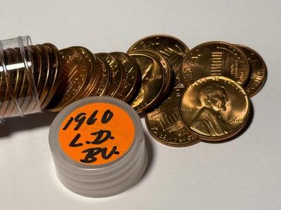 1960-P LARGE DATE CHOICE BU RED LINCOLN CENT ROLL OF 50 COINS (ROLL #11). FREE DOMESTIC SHIPPING.